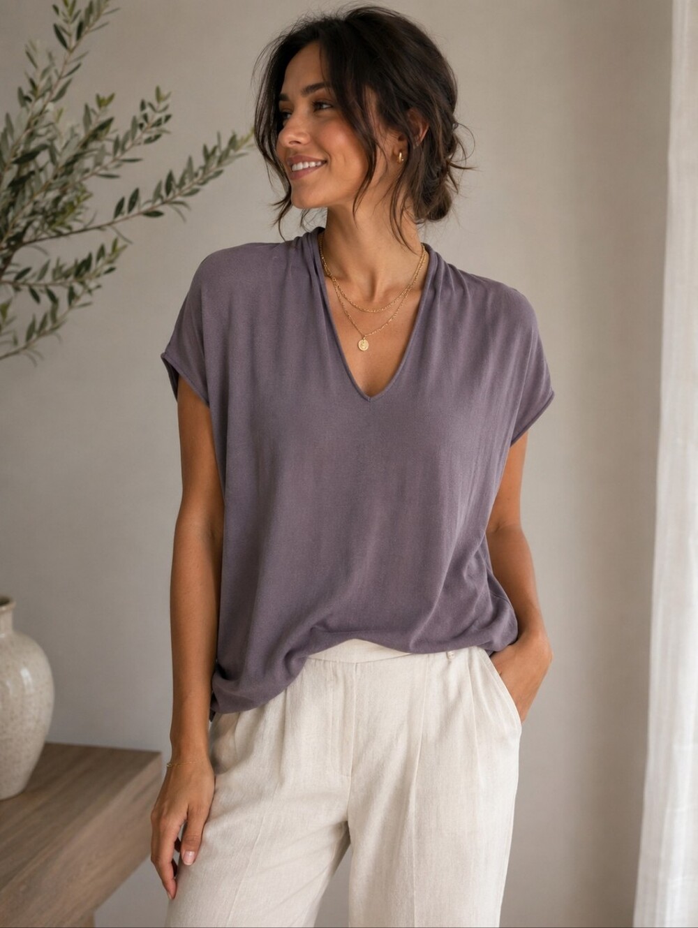 Yaya Women | Taupe V-Neck Cap Sleeve Women's Top, Size S